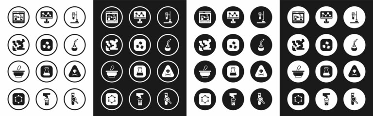 Set Test tube flask on fire, Bacteria, Gaseous, Chemical online, and, formula, Triangle warning toxic and Mortar pestle icon. Vector