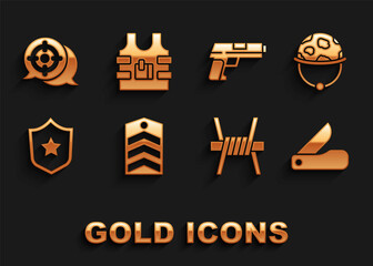 Set Chevron, Military helmet, Swiss army knife, Barbed wire, reward medal, Pistol or gun, Target sport and Bulletproof vest icon. Vector