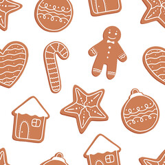 Seamless pattern of Christmas and New Year cookies. Pattern with gingerbread man, star, house, ball etc. Winter holiday background. Vector illustration