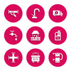 Set Water supply pipes, Toolbox, Heated towel rail, Drain cleaner bottle, Industry metallic, tap, Plumber service car and icon. Vector