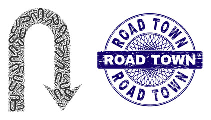 Obraz premium Recursive composition turn back and Road Town round textured stamp seal. Blue stamp seal includes Road Town text inside circle and guilloche technique.