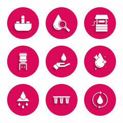 Set Washing hands with soap, Water filter, Recycle clean aqua, drop, cooler, Well bucket and Washbasin water tap icon. Vector