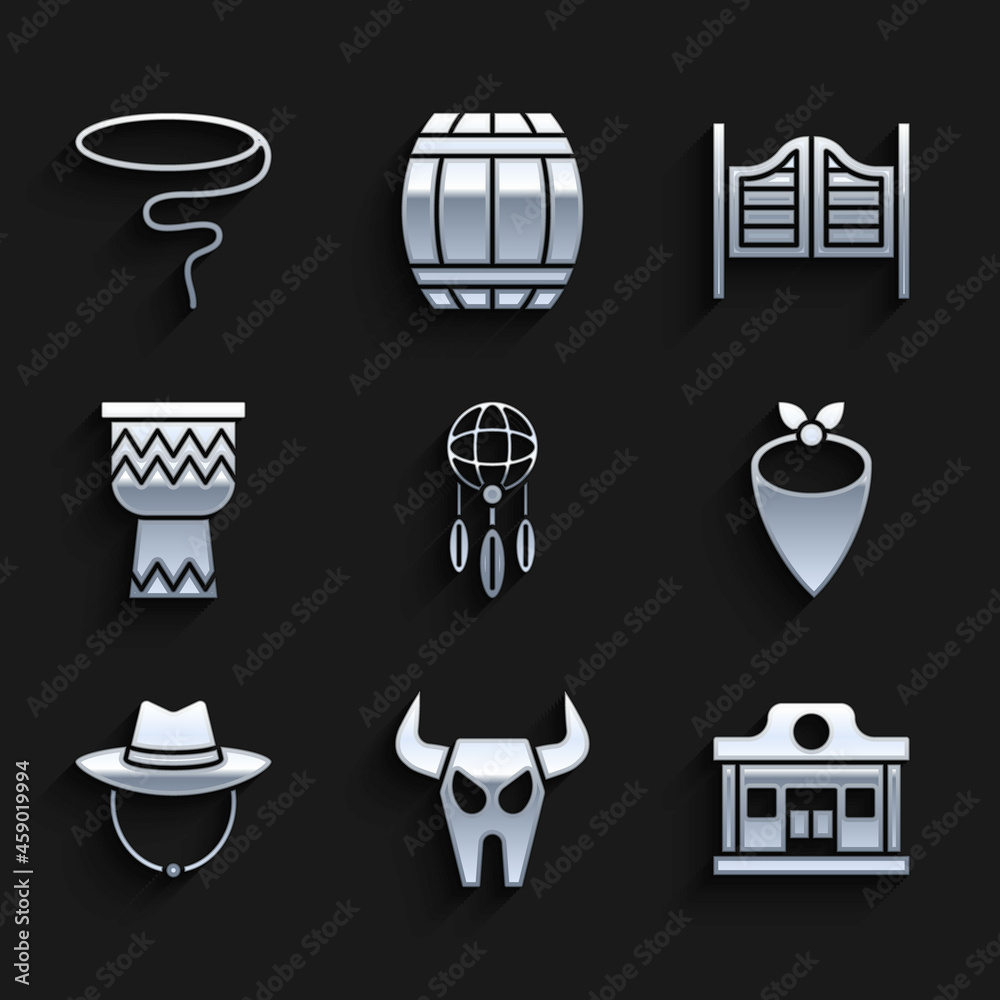 Sticker Set Dream catcher with feathers, Buffalo skull, Wild west saloon, Cowboy bandana, Western cowboy hat, Drum, Saloon door and Lasso icon. Vector