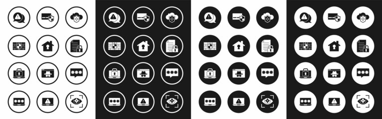Fototapeta premium Set Cloud and shield, House under protection, Shield with brick wall, Exclamation mark in triangle, Document lock, Credit card, Password and Laptop icon. Vector