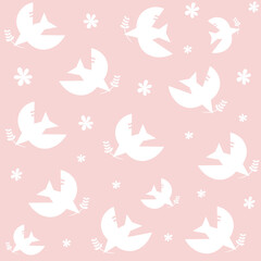 Fototapeta premium Seamless vector pattern. White birds in the style of minimalism with a twig in its beak. Scandinavian design. White and pink. Design for banner, fabric, paper, wallpaper, poster, postcard, invitation