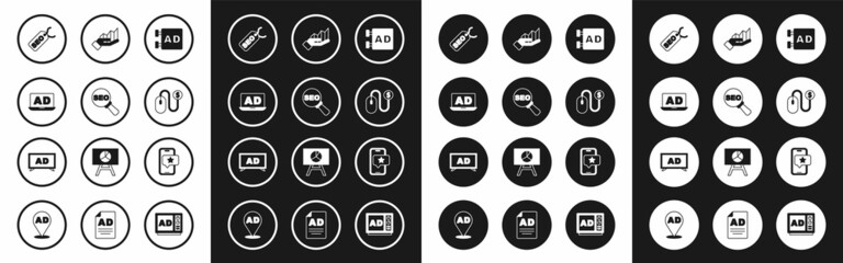 Set Advertising, SEO optimization, Pie chart infographic, Mobile with review rating and icon. Vector