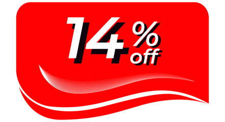 promotional tag with 14% off - red tag with rounded edges and white lines in waves, white text with shadows. Discount, offers, sales, reduction and promotion