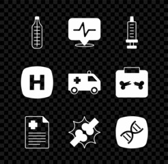 Set Medical thermometer, Heart rate, Syringe, Patient record, Joint pain, knee pain, DNA symbol, Hospital signboard and Ambulance car icon. Vector