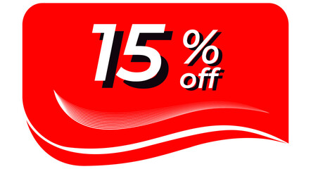 promotional tag with 15% off - red tag with rounded edges and white lines in waves, white text with shadows. Discount, offers, sales, reduction and promotion