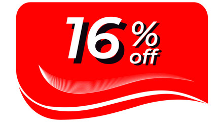 promotional tag with 16% off - red tag with rounded edges and white lines in waves, white text with shadows. Discount, offers, sales, reduction and promotion
