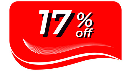 promotional tag with 17% off - red tag with rounded edges and white lines in waves, white text with shadows. Discount, offers, sales, reduction and promotion