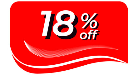 promotional tag with 18% off - red tag with rounded edges and white lines in waves, white text with shadows. Discount, offers, sales, reduction and promotion