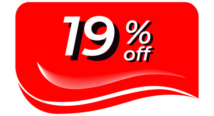 promotional tag with 19% off - red tag with rounded edges and white lines in waves, white text with shadows. Discount, offers, sales, reduction and promotion