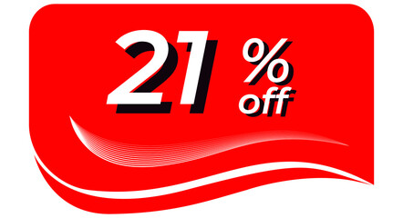promotional tag with 21% off - red tag with rounded edges and white lines in waves, white text with shadows. Discount, offers, sales, reduction and promotion