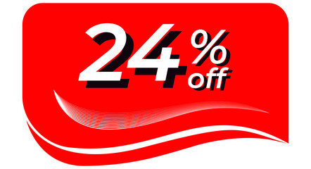 promotional tag with 24% off - red tag with rounded edges and white lines in waves, white text with shadows. Discount, offers, sales, reduction and promotion