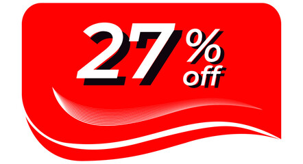 promotional tag with 27% off - red tag with rounded edges and white lines in waves, white text with shadows. Discount, offers, sales, reduction and promotion