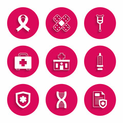 Set Hospital building, DNA symbol, Patient record, Syringe, Life insurance, First aid kit, Crutch crutches and Awareness ribbon icon. Vector