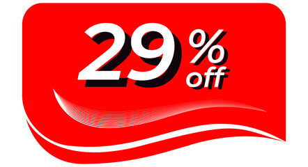 promotional tag with 29% off - red tag with rounded edges and white lines in waves, white text with shadows. Discount, offers, sales, reduction and promotion