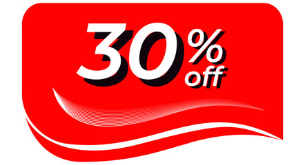 promotional tag with 30% off - red tag with rounded edges and white lines in waves, white text with shadows. Discount, offers, sales, reduction and promotion