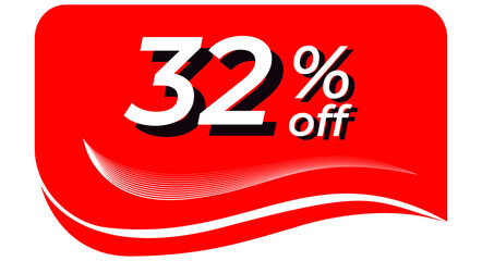 promotional tag with 32% off - red tag with rounded edges and white lines in waves, white text with shadows. Discount, offers, sales, reduction and promotion