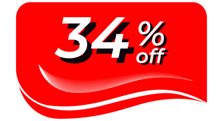 promotional tag with 34% off - red tag with rounded edges and white lines in waves, white text with shadows. Discount, offers, sales, reduction and promotion