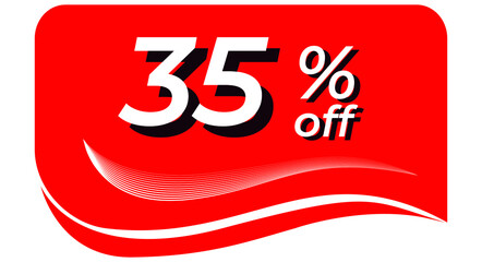 promotional tag with 35% off - red tag with rounded edges and white lines in waves, white text with shadows. Discount, offers, sales, reduction and promotion