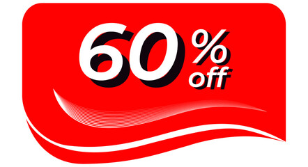 promotional tag with 60% off - red tag with rounded edges and white lines in waves, white text with shadows. Discount, offers, sales, reduction and promotion