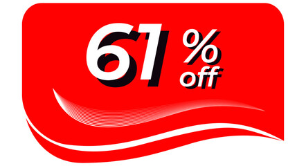 promotional tag with 61% off - red tag with rounded edges and white lines in waves, white text with shadows. Discount, offers, sales, reduction and promotion