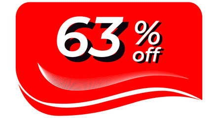 promotional tag with 63% off - red tag with rounded edges and white lines in waves, white text with shadows. Discount, offers, sales, reduction and promotion