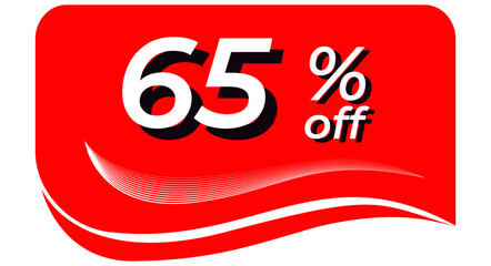 promotional tag with 65% off - red tag with rounded edges and white lines in waves, white text with shadows. Discount, offers, sales, reduction and promotion