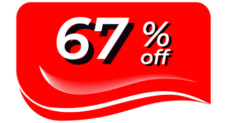 promotional tag with 67% off - red tag with rounded edges and white lines in waves, white text with shadows. Discount, offers, sales, reduction and promotion