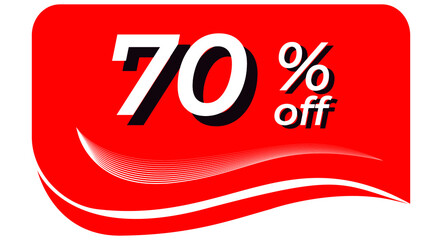 promotional tag with 70% off - red tag with rounded edges and white lines in waves, white text with shadows. Discount, offers, sales, reduction and promotion