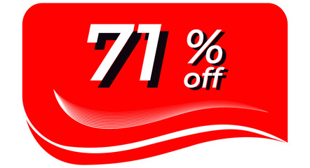 promotional tag with 71% off - red tag with rounded edges and white lines in waves, white text with shadows. Discount, offers, sales, reduction and promotion