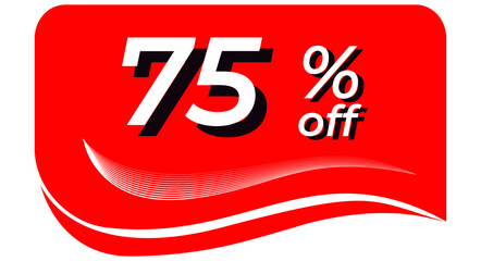promotional tag with 75% off - red tag with rounded edges and white lines in waves, white text with shadows. Discount, offers, sales, reduction and promotion