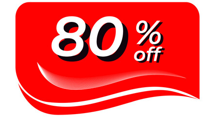 promotional tag with 80% off - red tag with rounded edges and white lines in waves, white text with shadows. Discount, offers, sales, reduction and promotion
