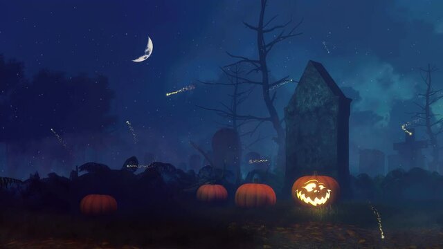 Jack-o-lantern carved Halloween pumpkins and mystical fairy firefly lights at abandoned old scary cemetery at misty night with moon in dark sky. With no people fantasy 3D animation rendered in 4K