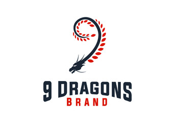 dragon and number nine logo, number nine shaped dragon logo design vector