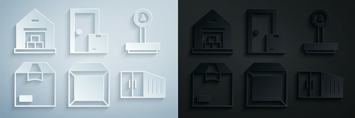 Set Carton cardboard box, Scale, Container, Home delivery services and Warehouse icon. Vector