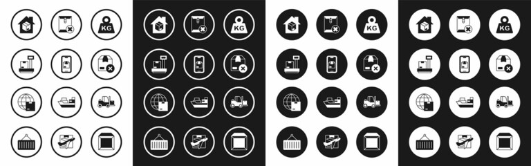Set Weight, Mobile app delivery tracking, Scale with cardboard box, Home services, Carton, Delete envelope, Forklift truck and Worldwide shipping icon. Vector