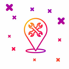 Color line Location with wrench spanner icon isolated on white background. Adjusting, service, setting, maintenance, repair, fixing. Gradient random dynamic shapes. Vector