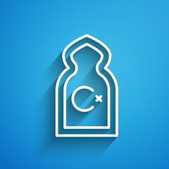 White line Muslim Mosque icon isolated on blue background. Long shadow. Vector