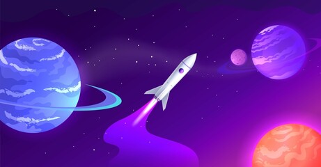 Space ship flying to discover new planets cartoon colorful vector illustration 