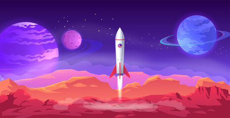 Space rocket launches from the surface of mars. Colorful space landscape illustration 