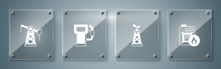 Set Canister for motor oil, Oil rig, Petrol gas station and pump pump jack. Square glass panels. Vector