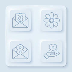 Set line Envelope with 8 March, Flower, Envelope with 8 March and 8 March on hand. White square button. Vector