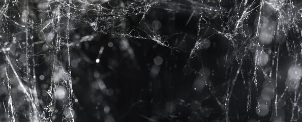 Mess of cobwebs or spiderwebs on black. Spooky Halloween spider web decorations.