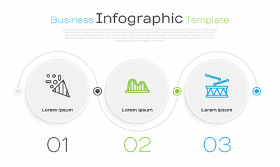 Set line Festive confetti, Roller coaster and Drum with drum sticks. Business infographic template. Vector