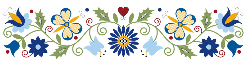Kashubian Kaszuby tulip butterfly heart leaves vine Poland design embroidery Polish  - obrazy, fototapety, plakaty