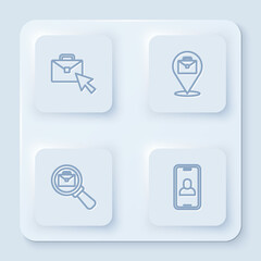 Set line Online working, , Magnifying glass with briefcase and Video chat conference. White square button. Vector