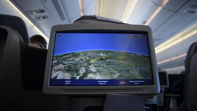 September 1, 2021. Lufthansa Aircraft Route Displaying on in Seat Business Class Multimedia Display. Destination Denver, United States. Flight Informations.